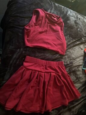 SHEIN Red Sleeveless Crop Top and Pleated Skater Skirt Set